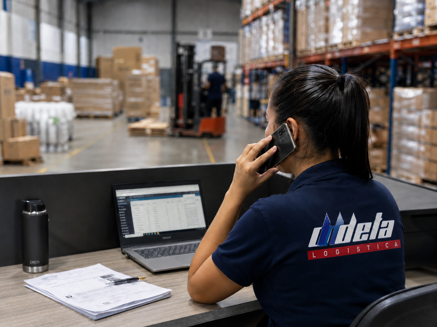 Equipo de Delta Logística coordinando una consulta de cliente en un entorno operativo