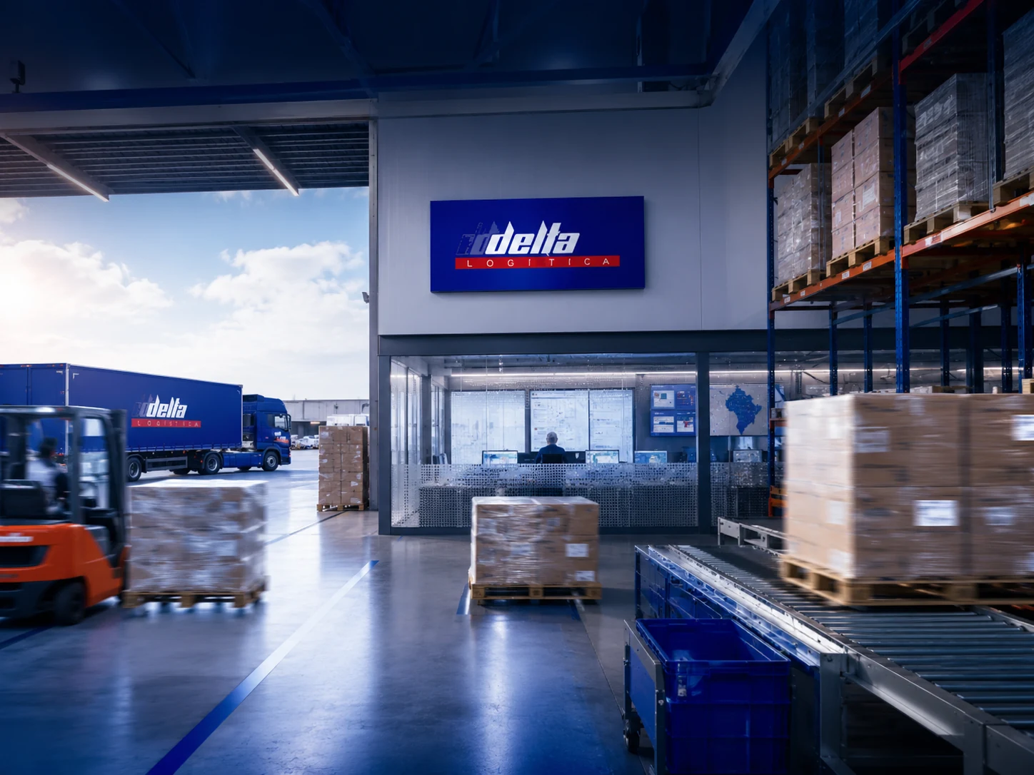 Composición corporativa de Delta Logística sobre almacén, transporte y coordinación operativa
